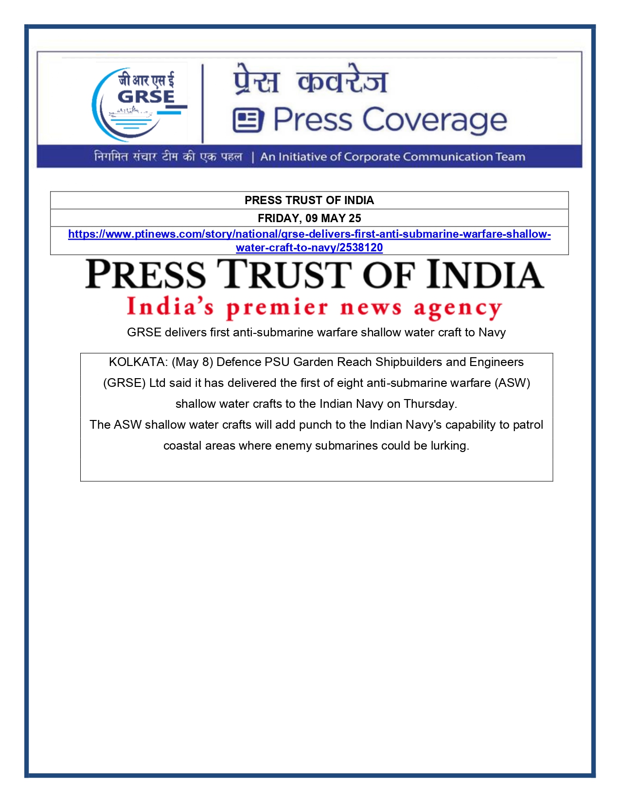 Press Coverage : Navy get anti-submarine INS Arnala 